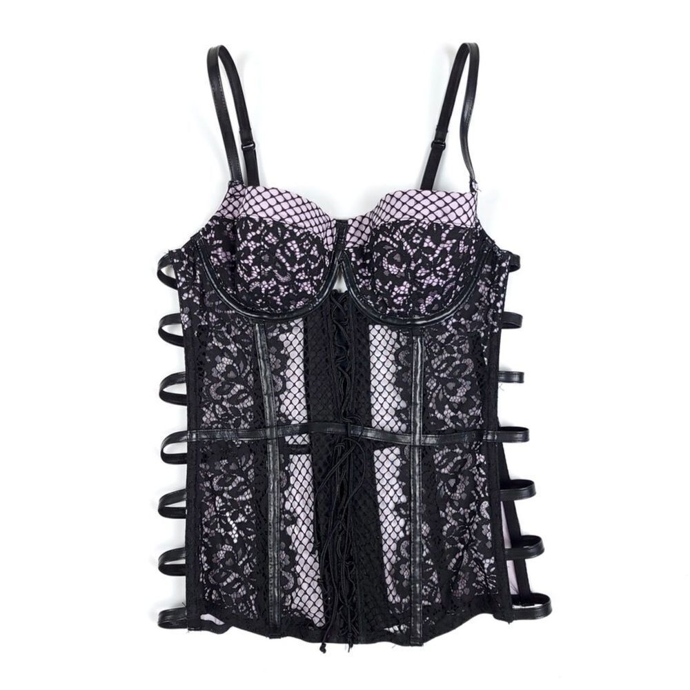 VICTORIAS SECRET Whimsigoth Leather Mesh Corset Longline Bra Black Lavender 34B
